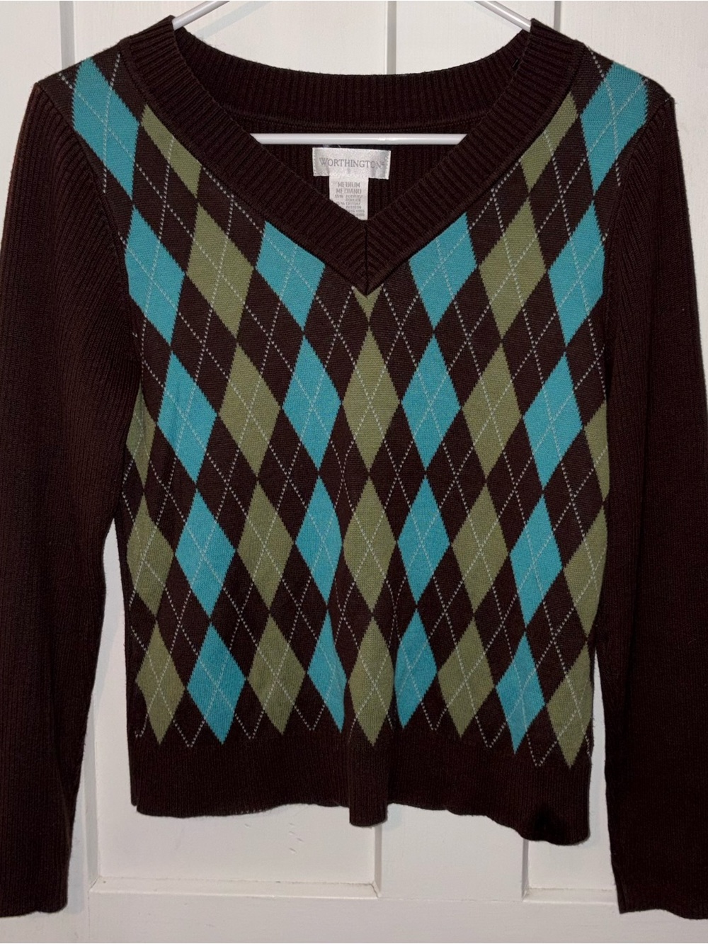 Worthington Women's Brown V-Neck Argyle Sweater with Teal and Olive size M
